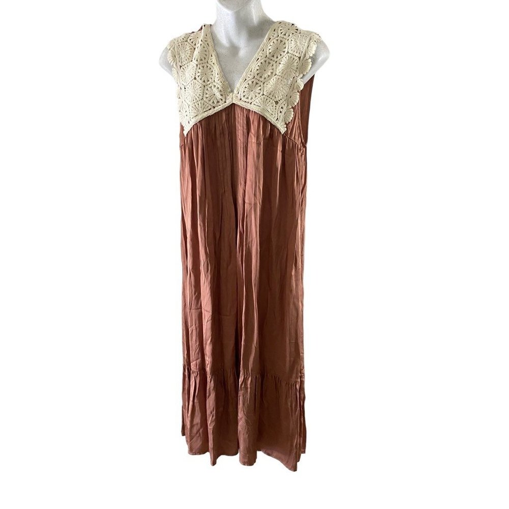 Anthropologie Womens Shift Dress Peach Beige V Neck Sleeveless Crochet Tie Small